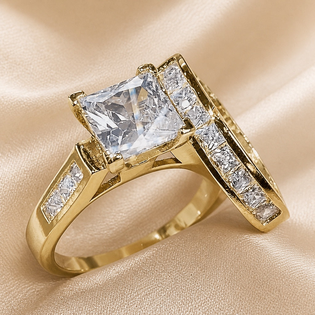 Conjunto de Anéis com Zircónia em Tom de Ouro Branco