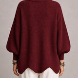Loredana | Cardigan Oversized Canelado com Bainha Ondulada, Bordô