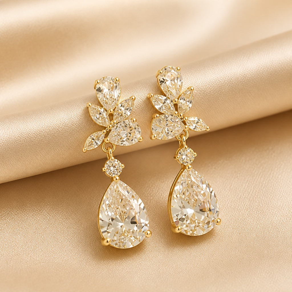 Brincos Pendentes Florais em Tom de Ouro Branco