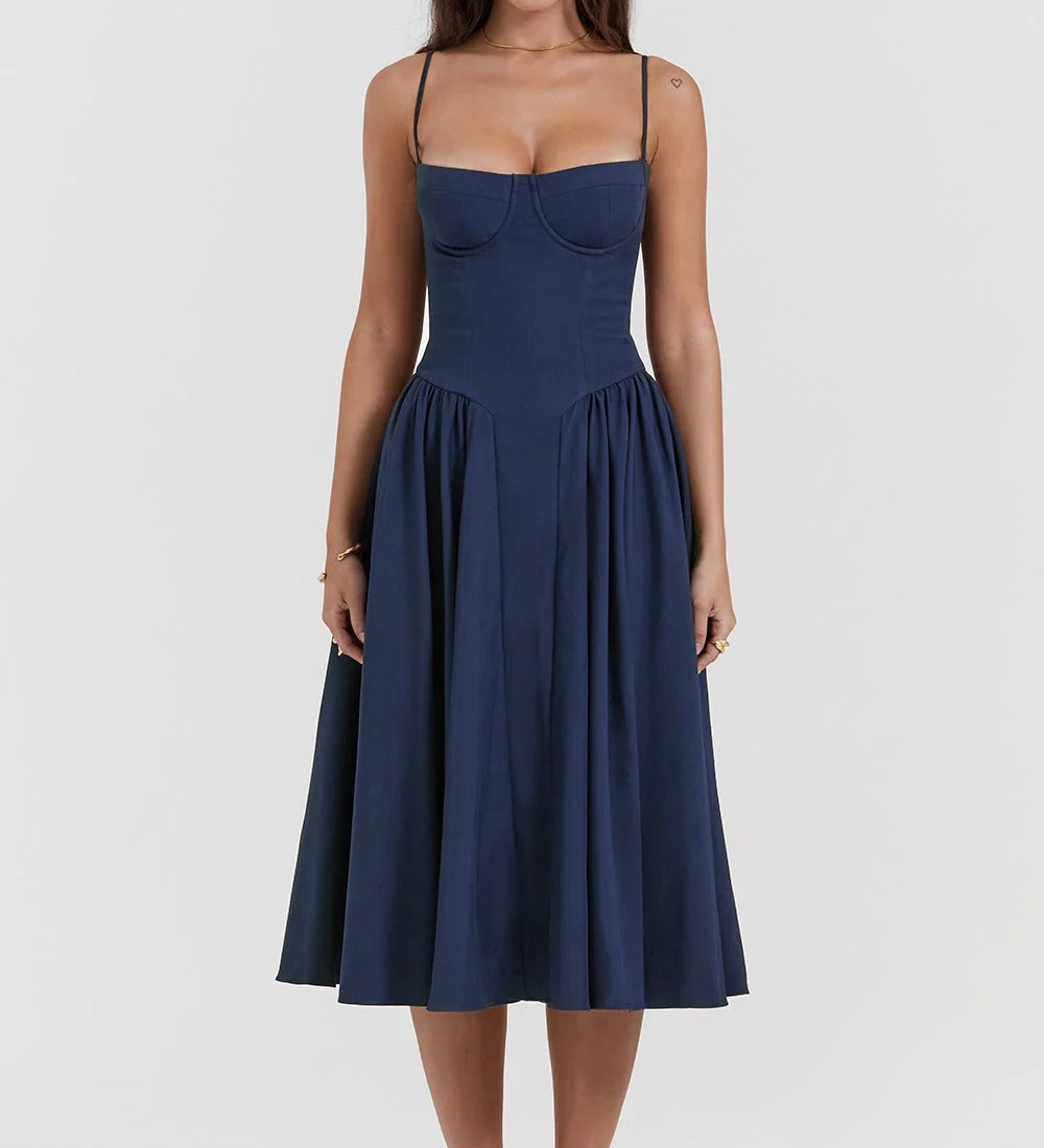 Solène – Vestido midi em sarja com corpete