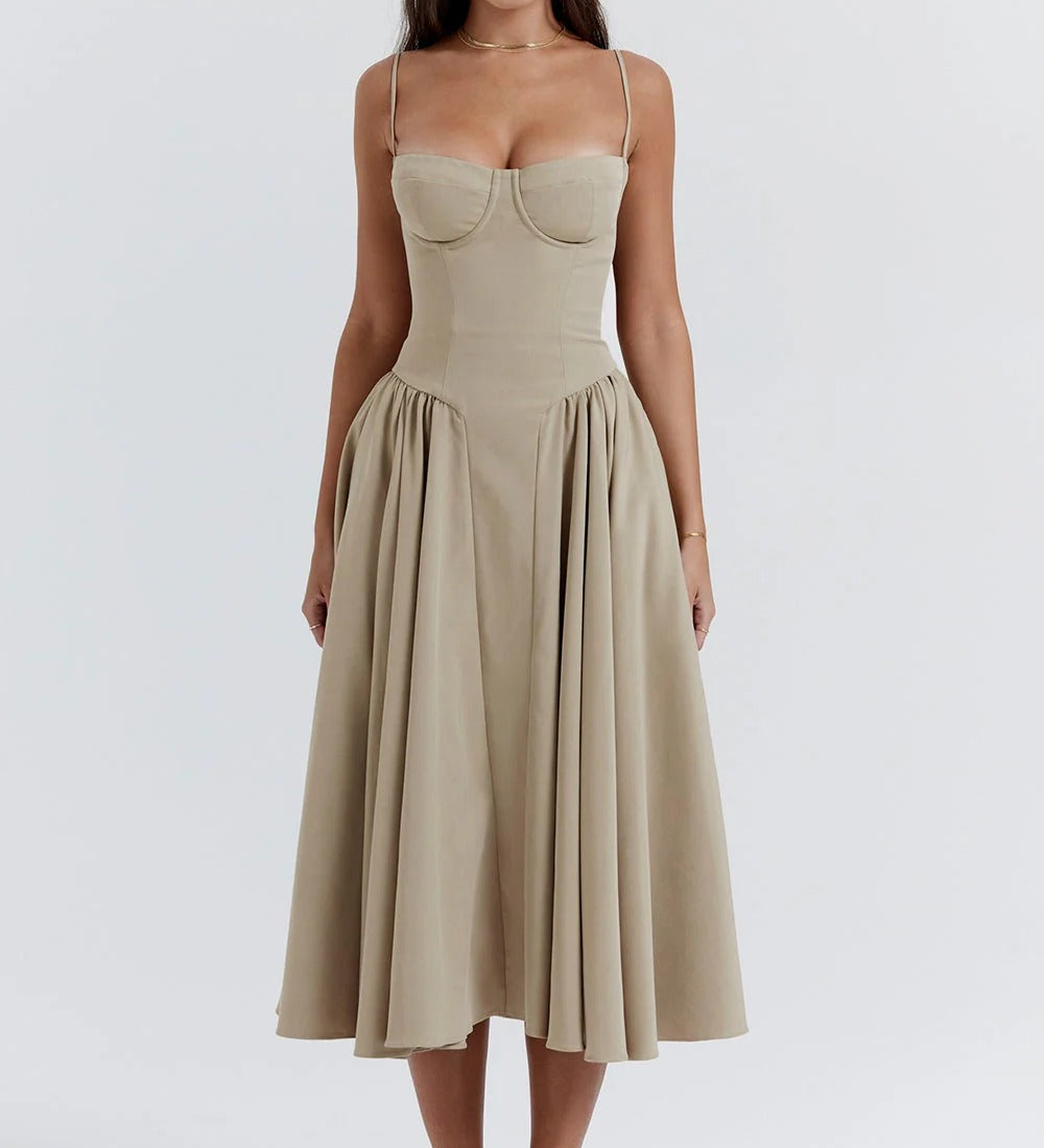 Solène – Vestido midi em sarja com corpete