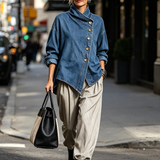 Isotta | Camisa Oversized de Ganga com Botões Diagonais, Azul