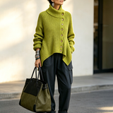 Rossella | Camisola Canelada de Gola Alta com Botões Assimétricos, Verde-Lima