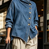 Isotta | Camisa Oversized de Ganga com Botões Diagonais, Azul